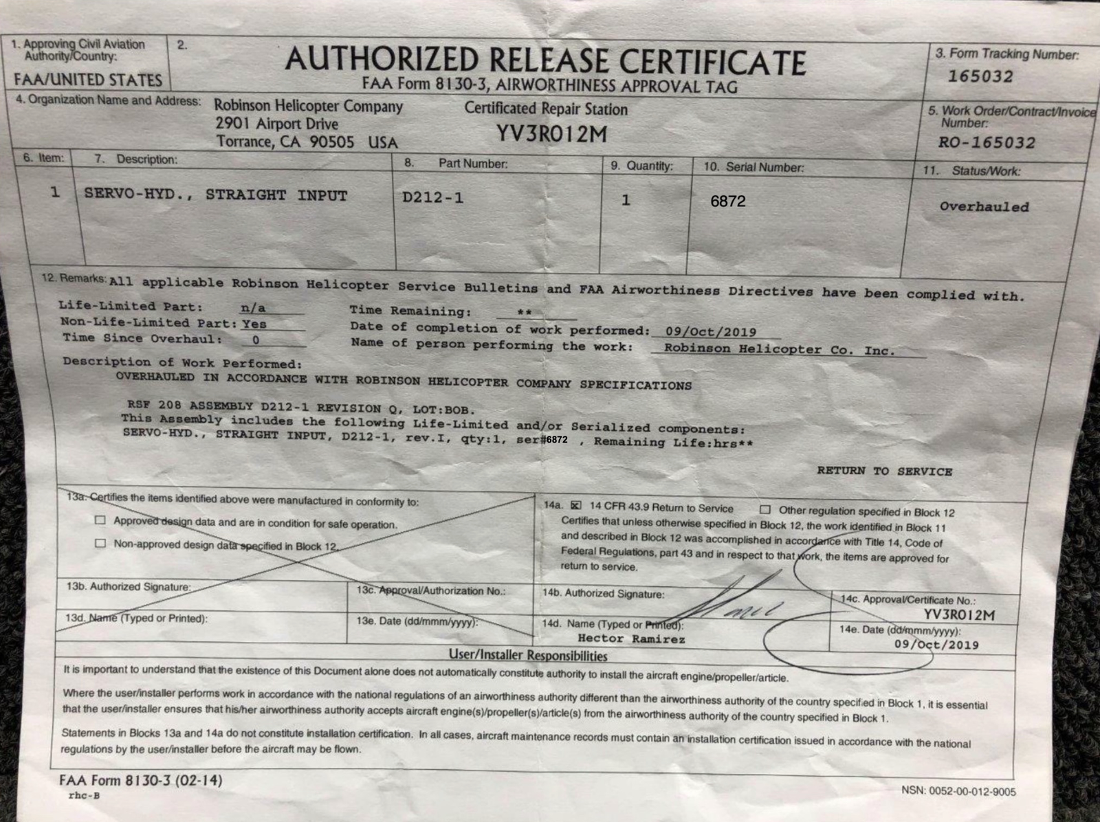 Robinson R44 Forward Servo Assy for D212-1  W/ 8130 - Image 10